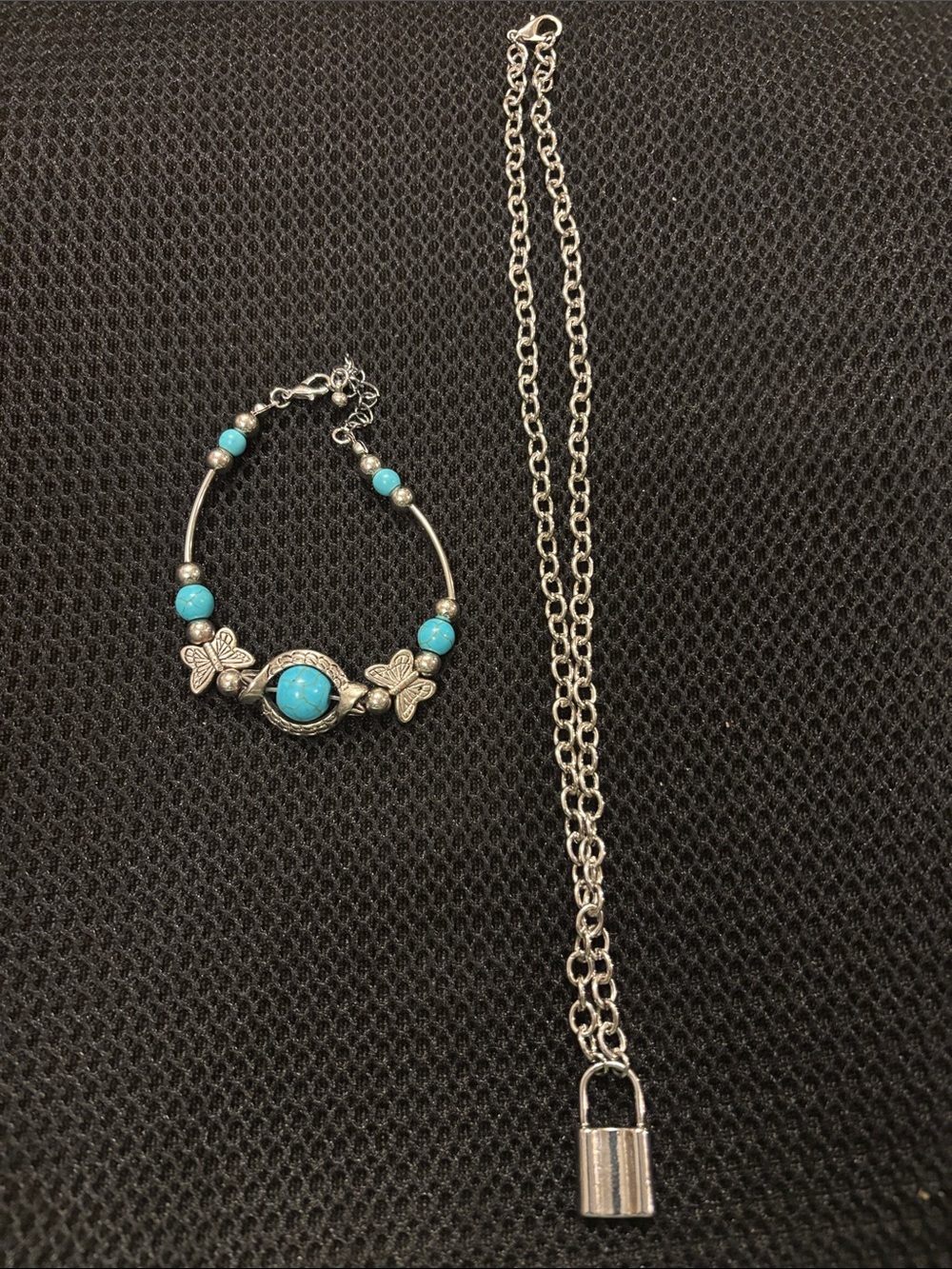 Lock Necklace & Turquoise color Bead Butterfly Bracelet  set - Women Jewelry